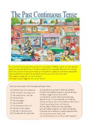 English Worksheet: The past continuous tense with a busy street scene.