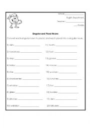 English Worksheet: Singular and plural nouns