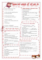 English Worksheet: Special uses of at on in