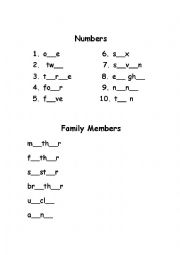 English Worksheet: NUMBERS, FAMILY MEMBERS, COLORS, DAYS NONTHS ( 3 PAGES )