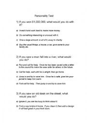 English Worksheet: Personality Test.  Vocab to describe personalities
