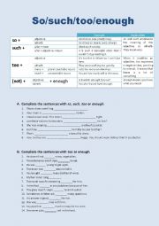English Worksheet: So/such/too/enough