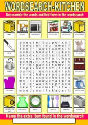 English Worksheet: Kitchen Wordsearch