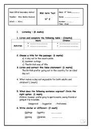 English Worksheet: mid term  test 3  3rd year