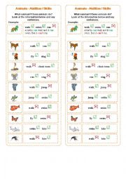 English Worksheet: Animals - Abilities / Skills - Speaking cards