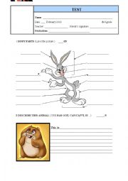 English Worksheet: Elementary test on body parts, numbers, prepositions, verb can