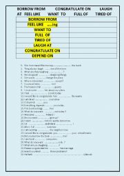 English Worksheet: BORROW FROM   LAUGHT AT   CONGRATULATE ON   PART 4