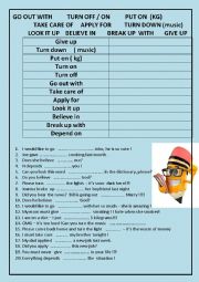 English Worksheet: GO OUT WITH          TURN OFF / ON          PUT ON  (KG)     TAKE CARE OF     APPLY FOR         TURN DOWN (music)  part 3
