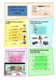 demonstrative pronouns: this that these those / prepositions of place: on in under next to...