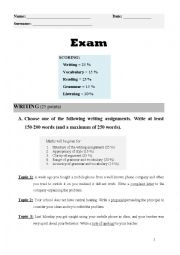 English Worksheet: Exam: writing/vocabulary/grammar/listening/reading