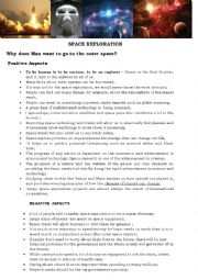English Worksheet: Space Exploration - Negative and Positive points