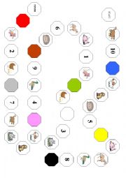 English Worksheet: Board game - farm animals, numbers and colours