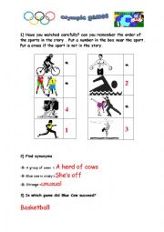 Olympic games:Blue cow goes to the olympic games /Correction worksheet