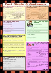 English Worksheet: Past Simple & Continuous * 7 tasks * B&W * with key