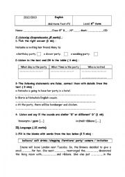 English Worksheet: Mid-term Test n 2 for 8th form ( Tunisian students)