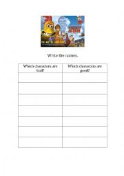 English Worksheet: Chicken Run - Name Good and Bad characters (with character/photo list to reference