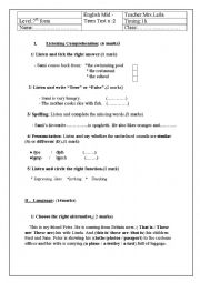 English Worksheet: English mid-term test n 2 (7th form)