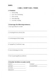 English Worksheet: I like + verb+ ing