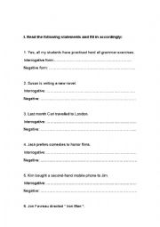 English Worksheet: INTERROGATIVE AND NEGATIVE FORMS