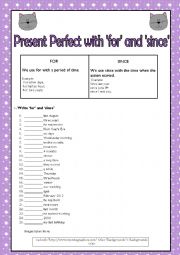 English Worksheet: PRESENT PERFECT WITH FOR AND SINCE