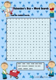 English Worksheet: VALENTINES DAY - WORD SEARCH 2 + KEY