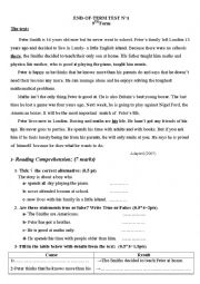 English Worksheet: reading comprehension end test1 9th form (tunisian school)