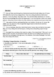 English Worksheet: reading comprehension end test2 9th form (tunisian school)