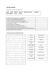 English Worksheet: kitchen utensils word search