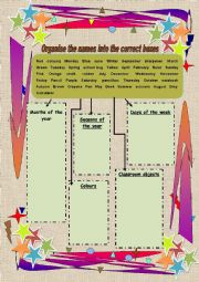 English Worksheet: Organize the names into the correct box