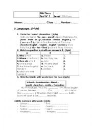 English Worksheet: MID TERM TEST