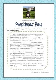 English Worksheet:  Presidents Pets ( Reading Comprehension)/ Simple Past