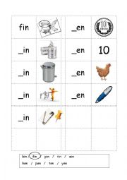 English Worksheet: Phonics - 3 letter words (CVC) - Writing -IN / -EN