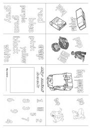 English Worksheet: Mini book - review mini book on numbers, colours, school items, family members (mum-dad), pets (cat-dog)