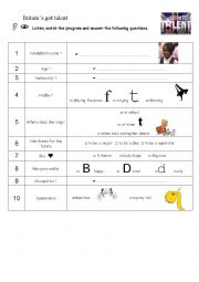 English Worksheet: Britains got Talents - Natalie Okri