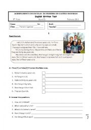 English Worksheet: 5th grade test on the topic FAMILY