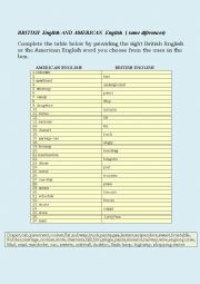 English Worksheet: British English/ American English -some differences