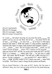 English Worksheet: Reading compehension - Recycling (with fill-the-gaps challenge)