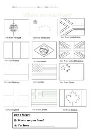 English Worksheet: Countries Where are you from.