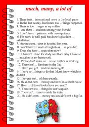 English Worksheet: Much, many, a lot of