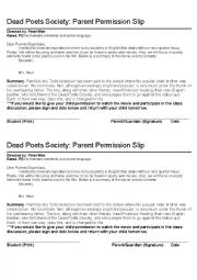 English Worksheet: Dead Poets society Permission Slip