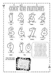 English Worksheet: Color the numbers (1-10)