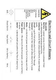 English Worksheet: Electricity and Circuit Glossary