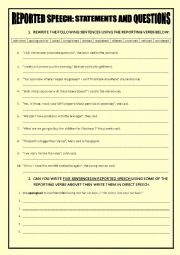 English Worksheet: REPORTED STATEMENTS AND QUESTIONS with other reporting verbs