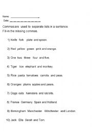 English Worksheet: commas
