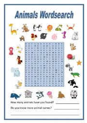 English Worksheet: Animals Wordsearch