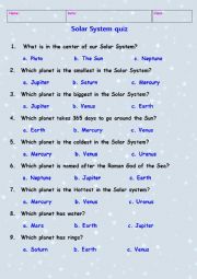 English Worksheet: Solar System quiz