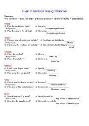 English Worksheet: Wh Questions in Simple Present Tense
