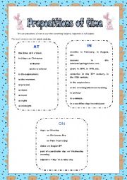 English Worksheet: PREPOSITIONS OF TIME: IN, ON, AT (Grammar explanation+ exercises)