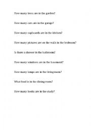 English Worksheet: How many questions house, rooms, furniture and garden