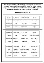 Bingo -  First day of class - Vocabulary